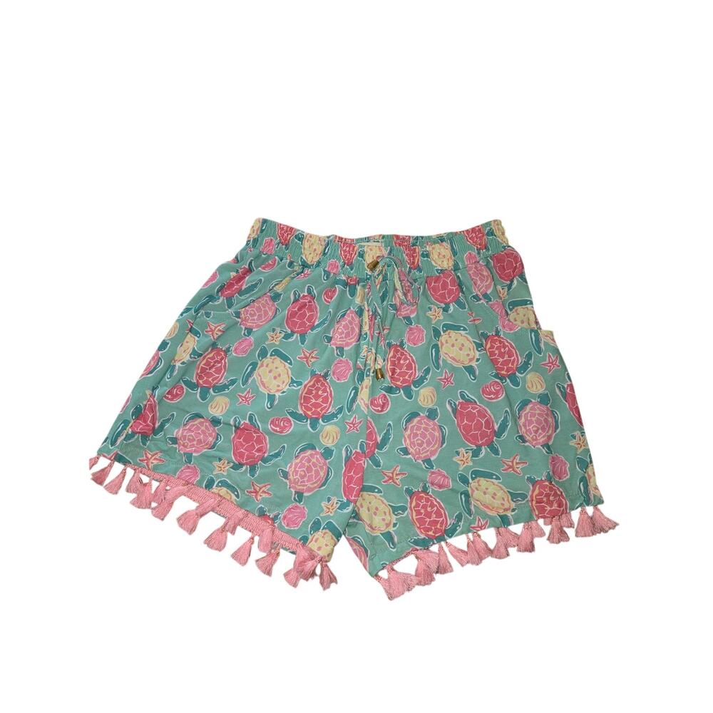 Simply Southern sea turtle shorts with pink pompom tassel trim. Size S/M